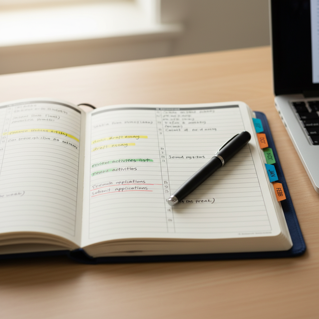 A close-up, photographic view of a high-quality, navy-blue hardcover planner lying open on a light oak desk, its pages filled with a thoughtfully laid-out college application timeline. Color-coded tabs mark months, while neatly written entries mention “draft essay,” “review activities list,” and “submit applications.” Beside the planner, a silver laptop is partially visible, its screen out of focus, and a slim, matte-black pen rests diagonally across the page. Late-morning natural light from the left casts soft, directional illumination, creating subtle highlights on the pen and a gentle gradient across the paper. Shot from a slightly elevated angle with shallow depth of field, the image feels calm, organized, and reassuring, emphasizing strategic planning and personalized support.