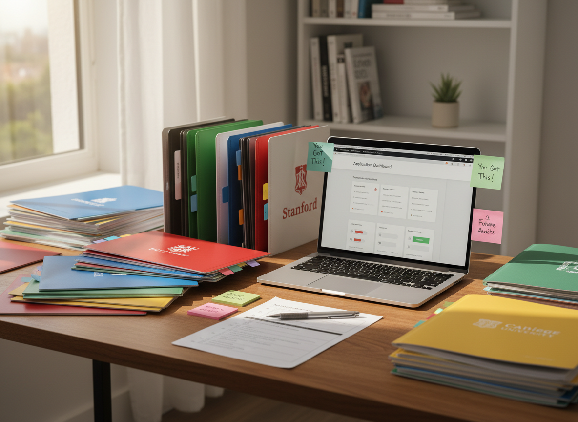 A meticulously organized wooden study desk covered with color-coded college brochures, neatly stacked application folders, and an open laptop displaying a clean college application dashboard. A sharpened mechanical pencil rests across a detailed checklist labeled “Application Timeline,” beside sticky notes with short, encouraging phrases. The desk sits near a large window in a quiet home office, with soft afternoon natural light casting gentle shadows and highlighting the textures of paper and smooth electronics. In the blurred background, a minimalist bookshelf holds reference guides and a small potted plant. Photographic realism at eye level, with a shallow depth of field that keeps the workspace in sharp focus, creating a calm, focused, and optimistic atmosphere that suggests organized, personalized admissions planning.