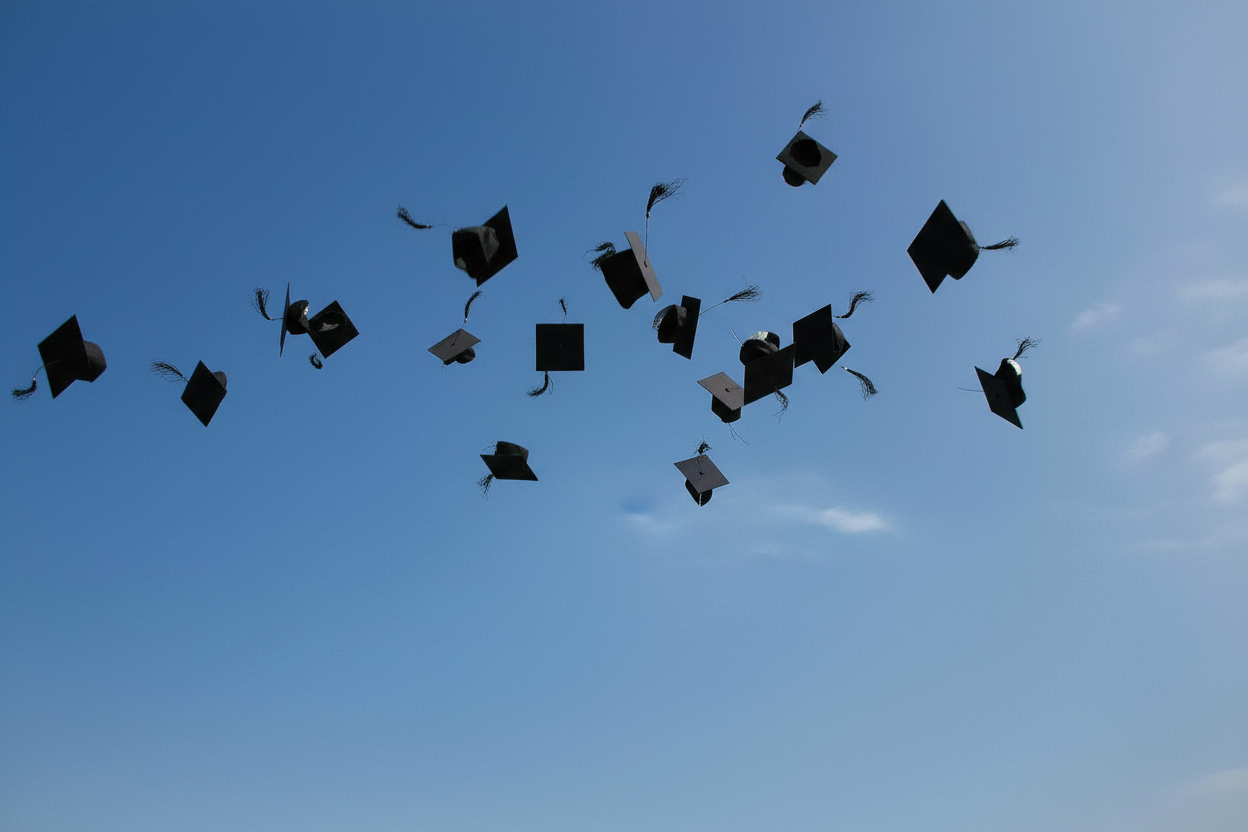 newly graduated people wearing black academy gowns throwing hats up in the air